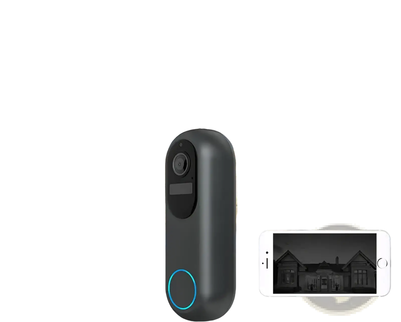 Black cylindrical wireless video doorbell camera 1080p dual wifi with circular blue light and top camera lens