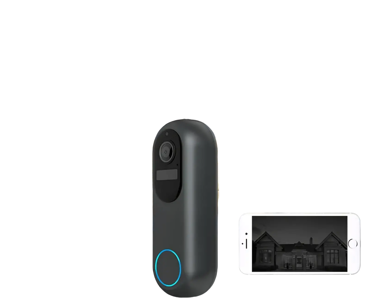 Black cylindrical wireless video doorbell camera 1080p dual wifi with circular blue light and top camera lens