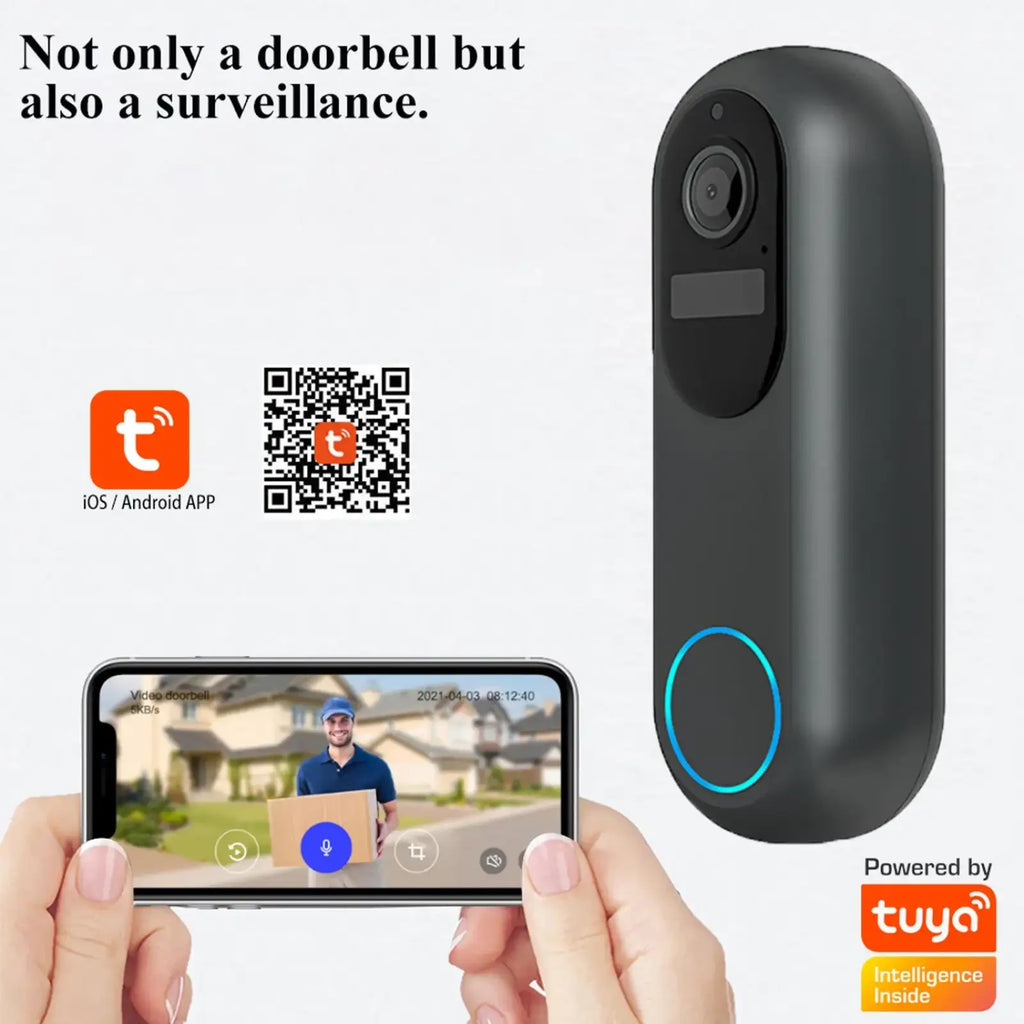 Black cylindrical wireless video doorbell camera 1080p dual wifi with circular blue light ring and top camera lens