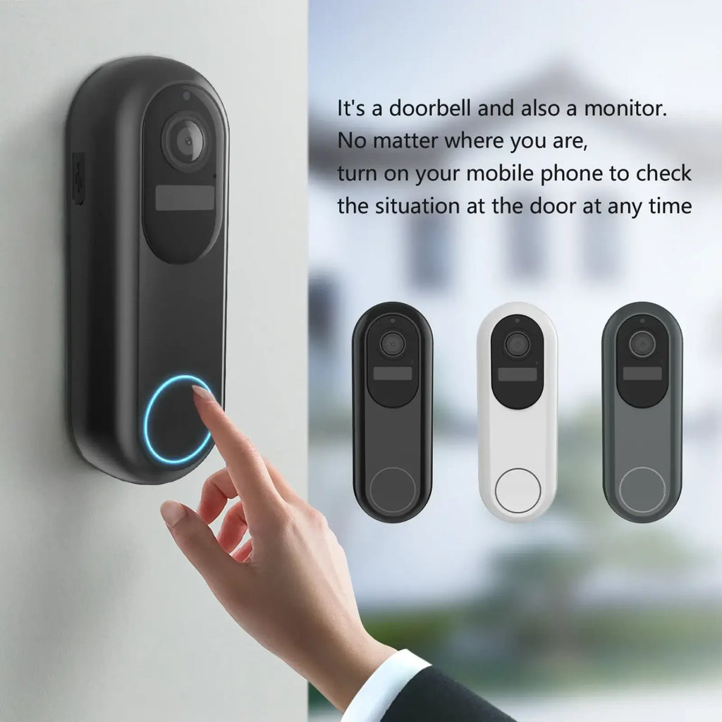 Wireless video doorbell camera 1080p dual wifi in black with circular blue lit button and camera lens in three colors