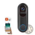 Black sleek wireless video doorbell camera 1080p dual wifi with circular lens blue led ring and touchscreen display