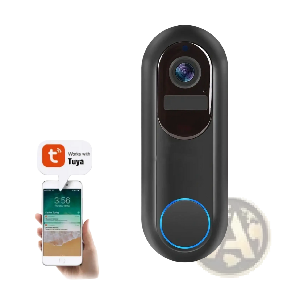 Black sleek wireless video doorbell camera 1080p dual wifi with circular lens blue led ring and touchscreen display
