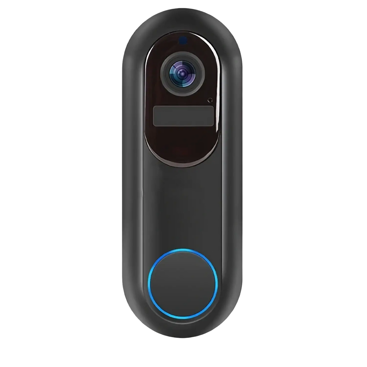 Black wireless video doorbell camera 1080p with circular lens blue led ring and touch-sensitive button