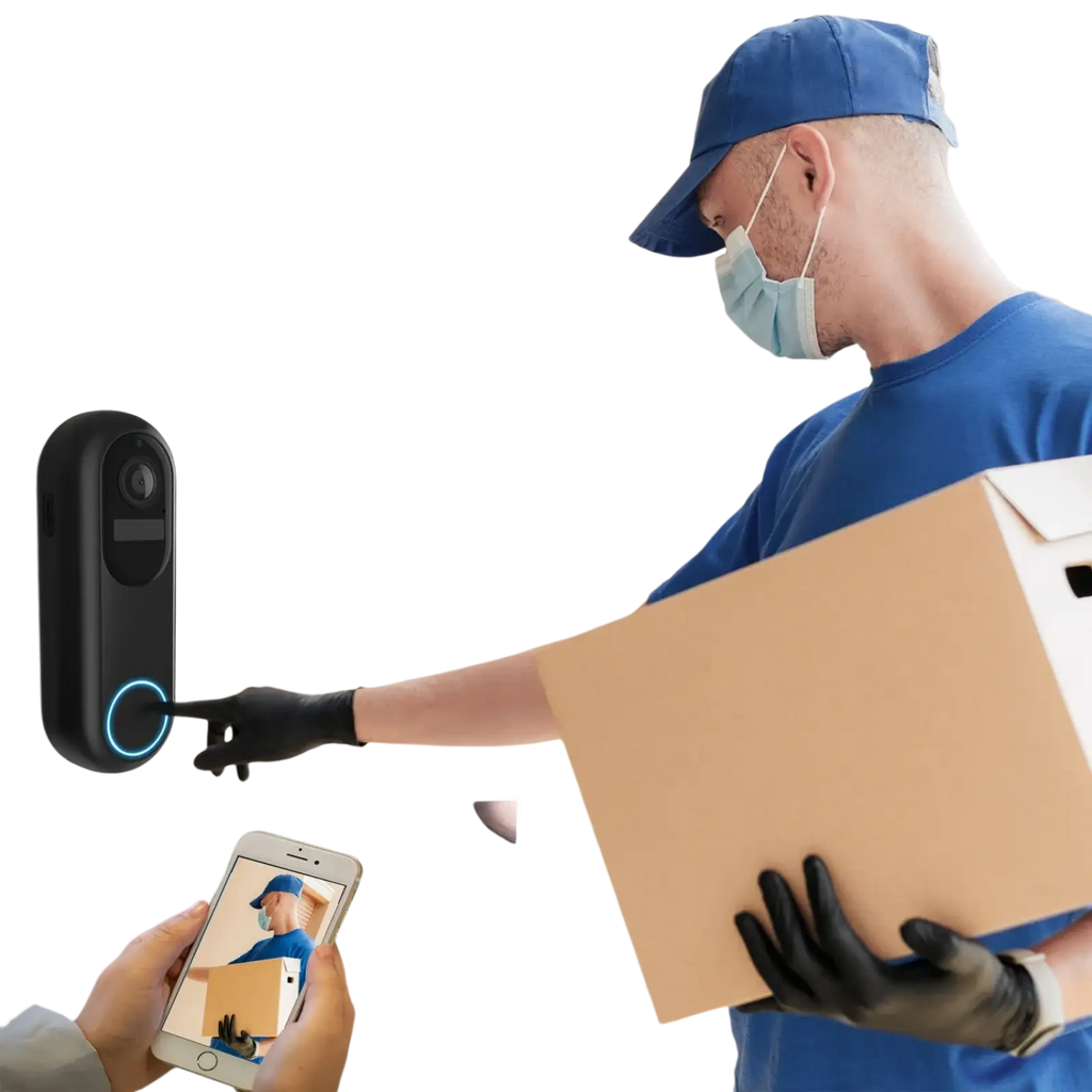 Black wireless video doorbell camera 1080p with dual wifi features circular blue light ring and camera lens