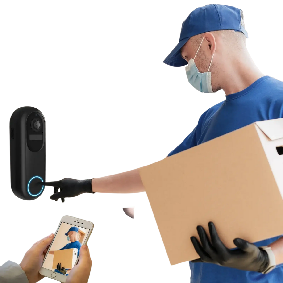 Black wireless video doorbell camera 1080p with dual wifi features circular blue light ring and camera lens