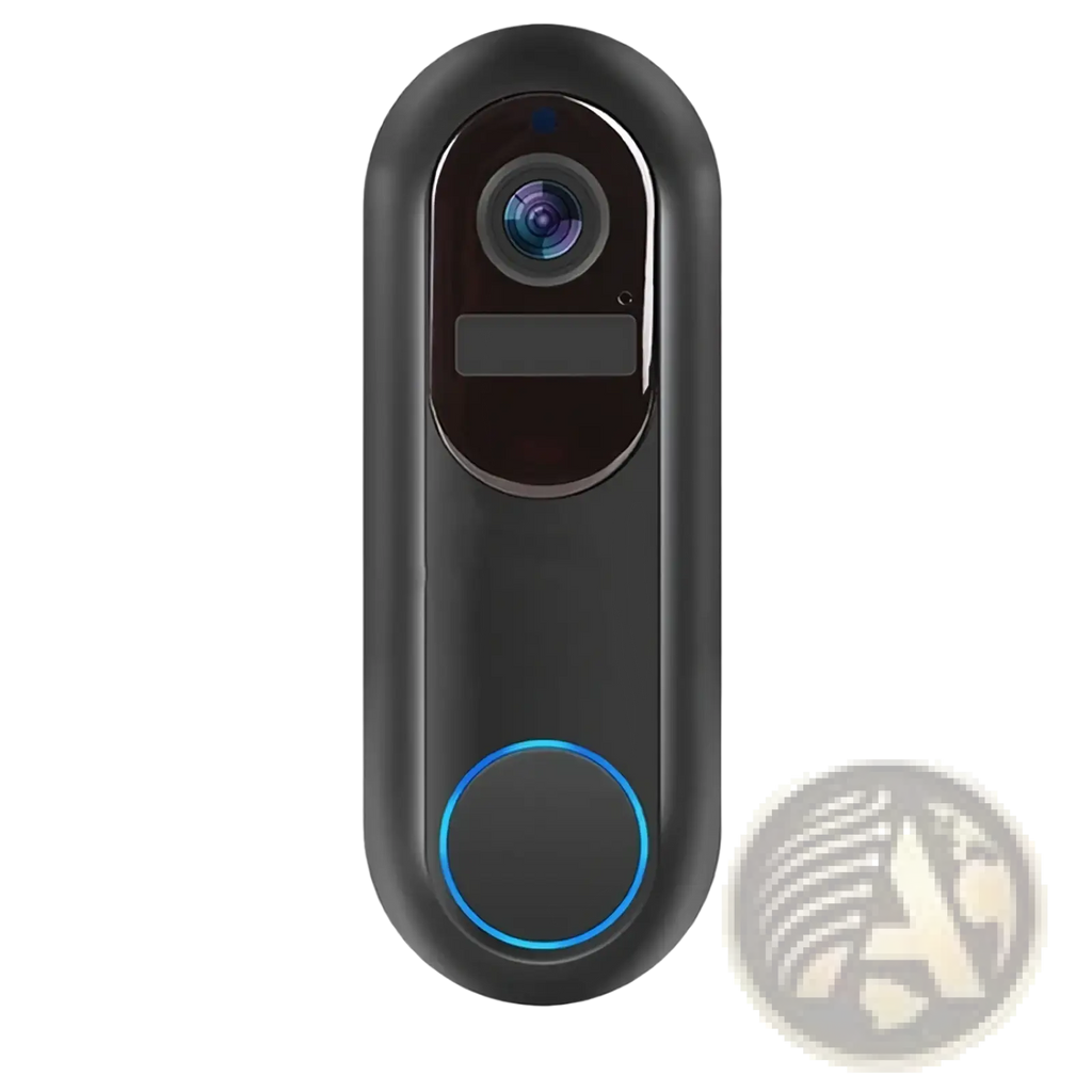 Black wireless video doorbell camera 1080p with circular lens blue led ring and touch-sensitive button