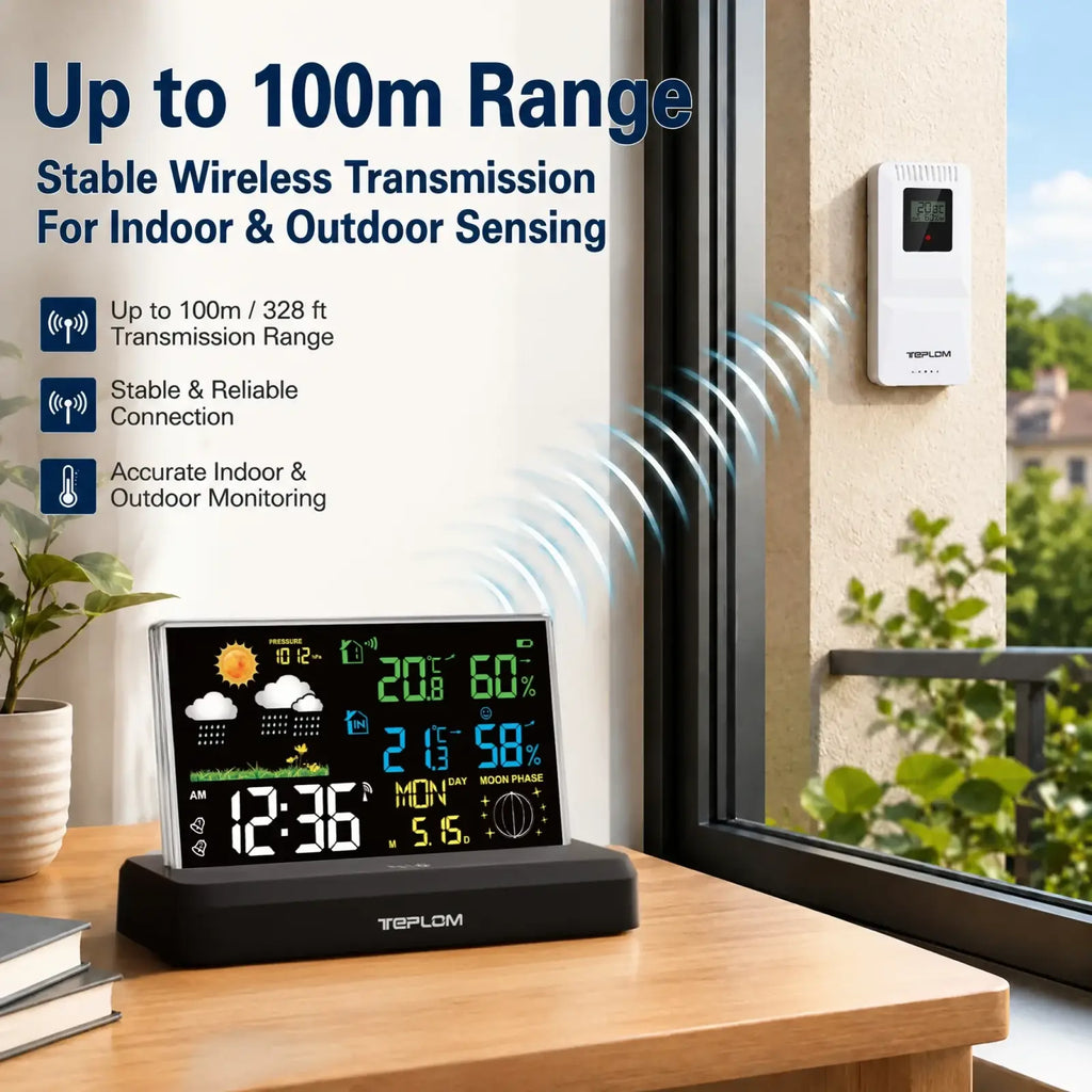 Black wireless weather station with colorful led display showing indoor outdoor temperature time humidity and moon phase powered by lr6 aaa batteries