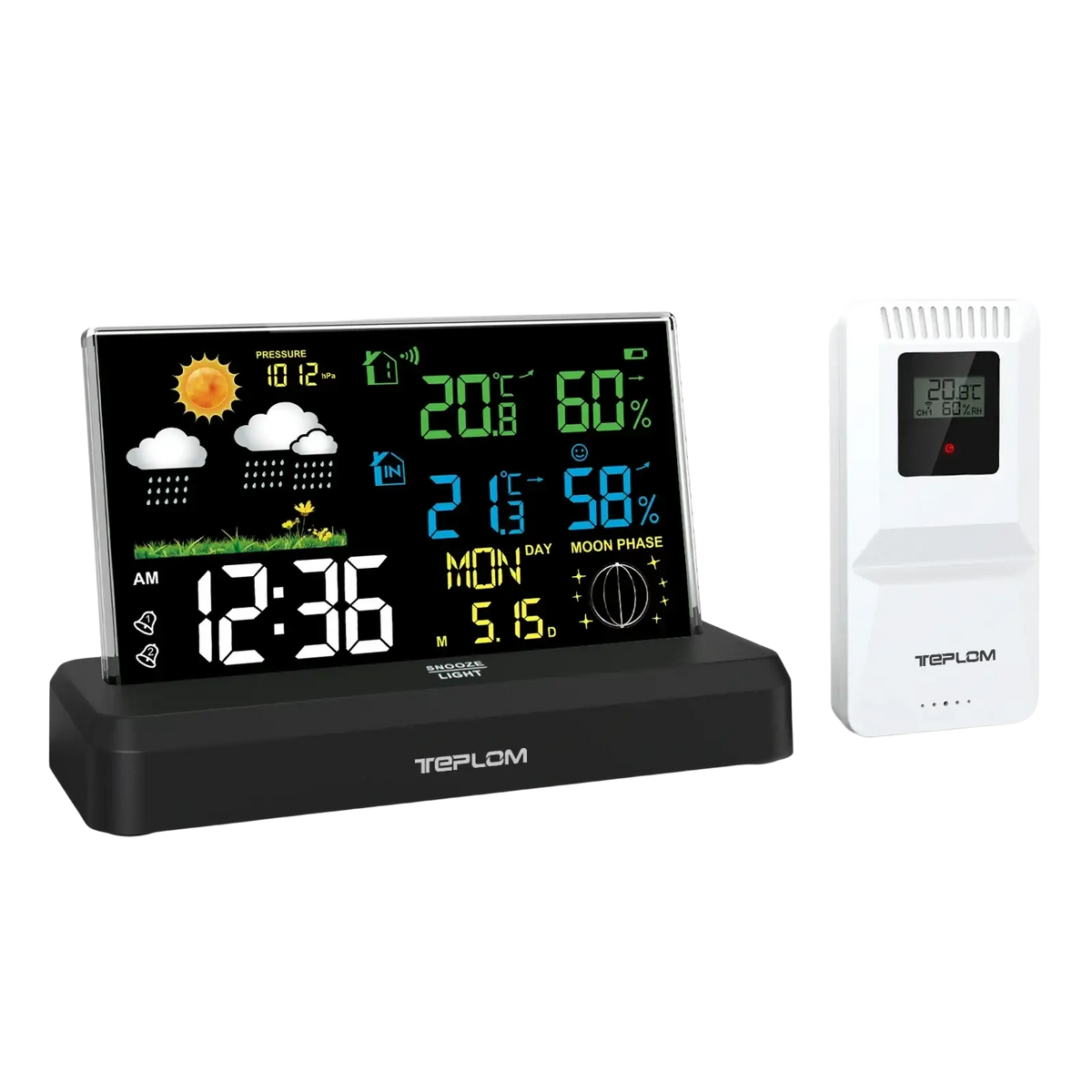 Black teplom wireless weather station with large display shows indoor and outdoor temperature humidity time uses lr6 aaa batteries