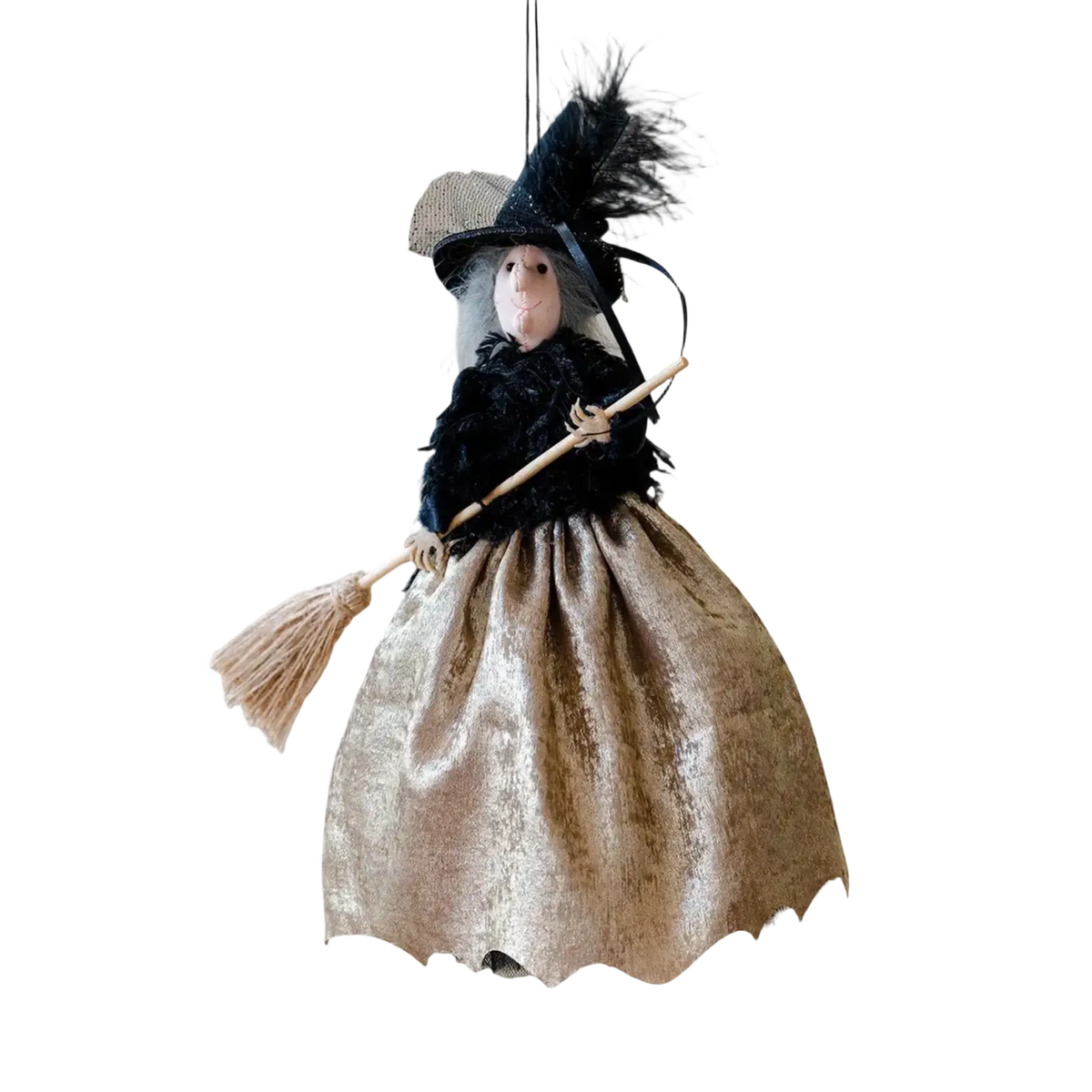 Witch doll halloween hanging tree ornament with black feathered hat, black textured dress, and shimmering gold skirt