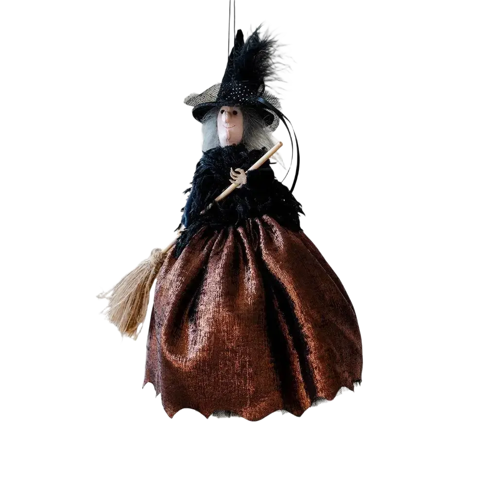 Witch doll halloween hanging tree ornament with black feathered hat, dark brown textured dress, holding broomstick