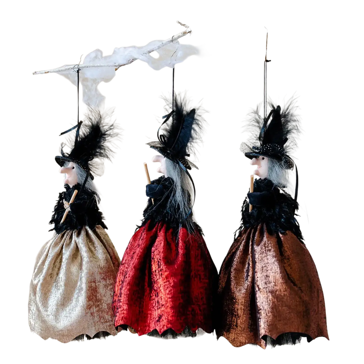 Three halloween witch dolls with black feathered hats white hair and velvet skirts in gold red and bronze hanging ornaments