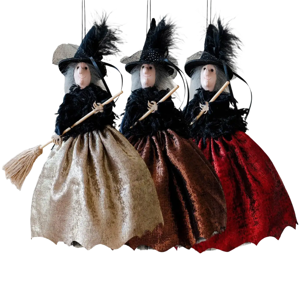 Three halloween witch dolls hanging tree ornaments with black feathered hats and velvet skirts in gold bronze and red