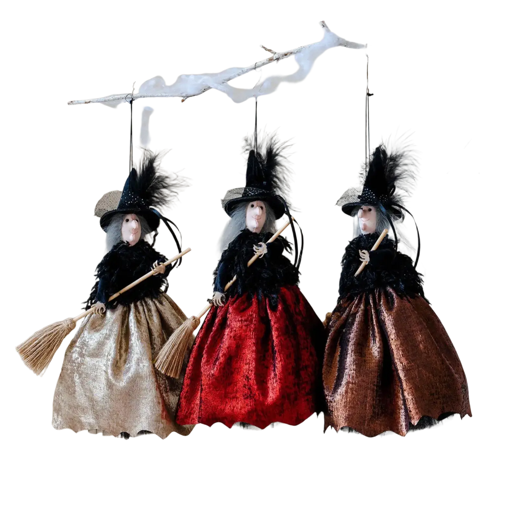 Three halloween witch dolls hanging tree ornaments with black feathered hats and metallic gold red and bronze skirts
