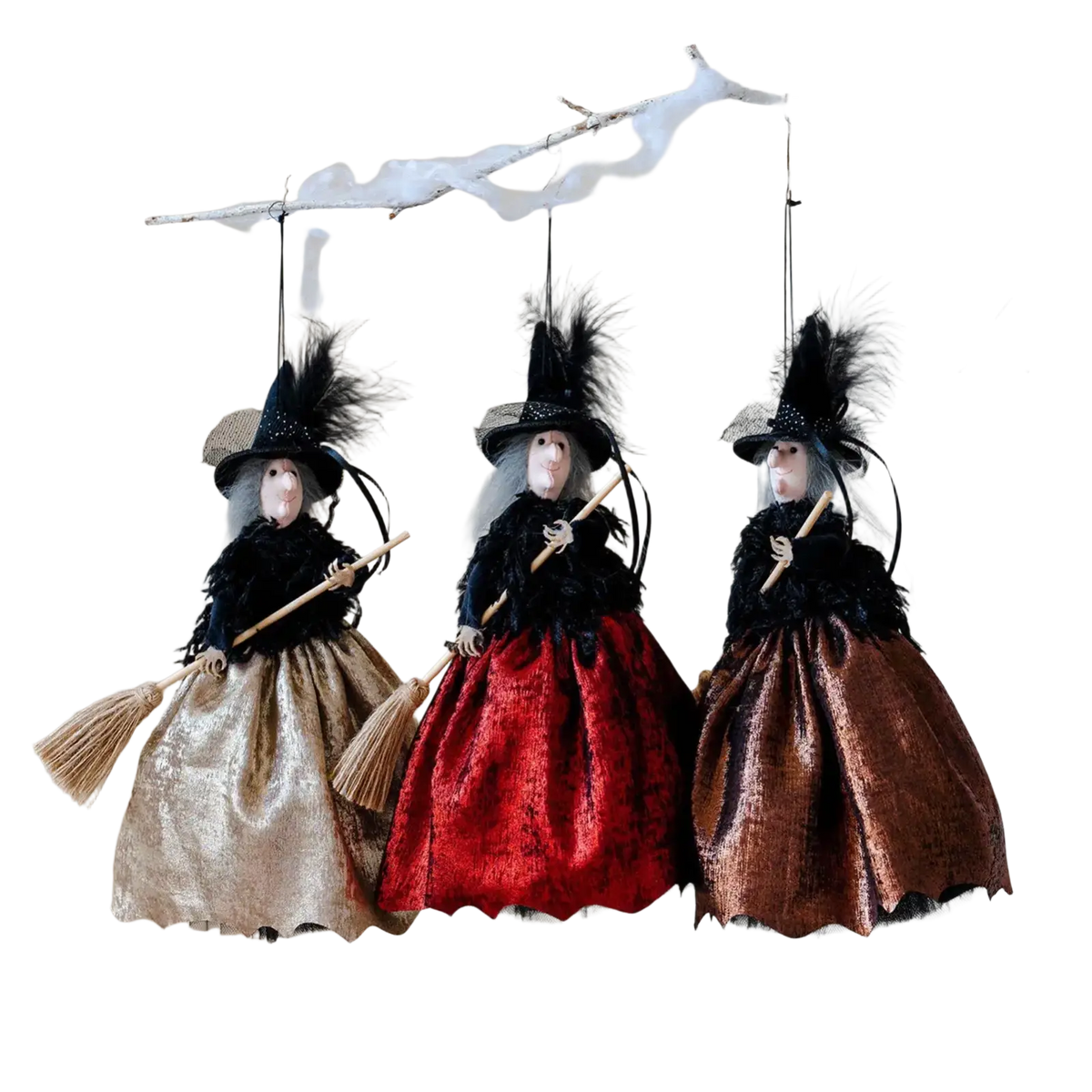 Three halloween witch dolls hanging tree ornaments with black feathered hats and metallic gold red and bronze skirts