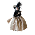 Whimsical halloween witch doll ornament with black feathered hat gold velvet skirt and rustic broomstick for hanging tree