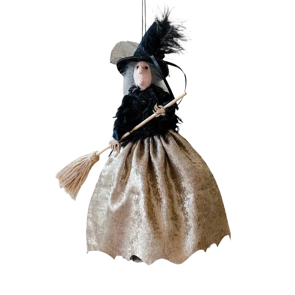 Whimsical halloween witch doll ornament with black feathered hat gold velvet skirt and rustic broomstick for hanging tree