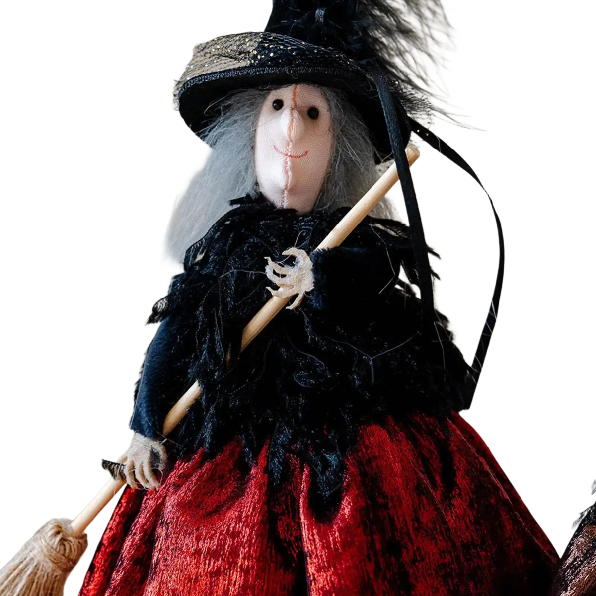 Whimsical halloween witch doll with black feathered hat gray yarn hair and red velvet skirt hanging tree ornament