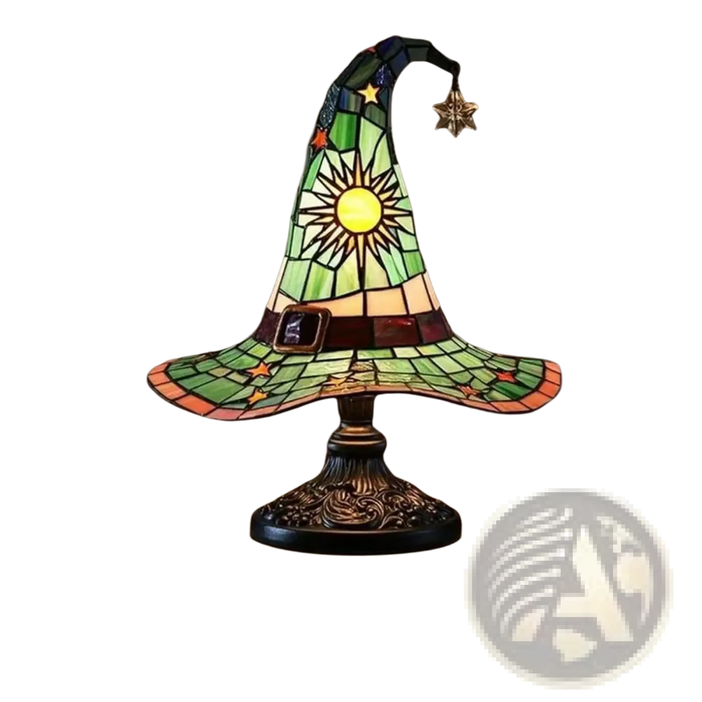 A vibrant green stained glass witch hat lamp with golden sun motif and star accents on an ornate black base