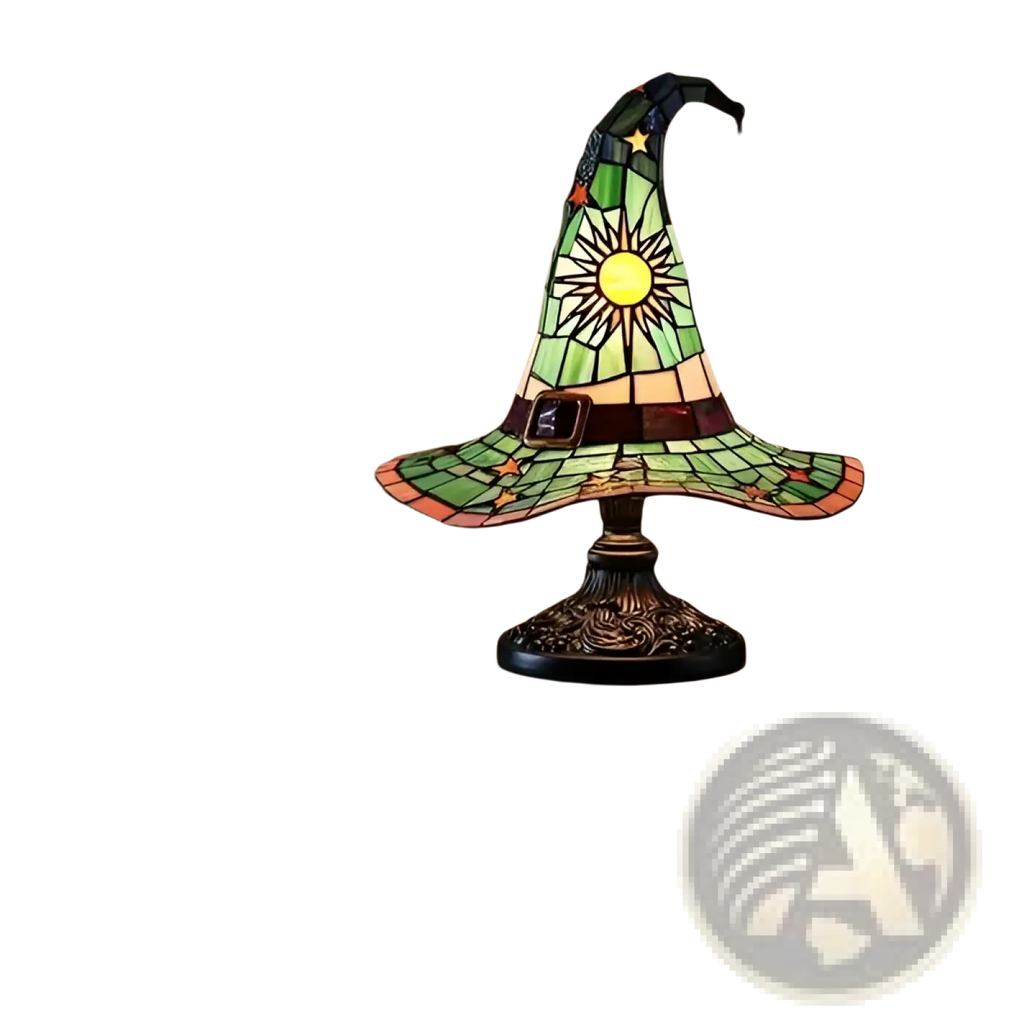 Witch hat stained glass lamp with green, yellow, and red panels, black belt, and star ornament for gothic halloween decor