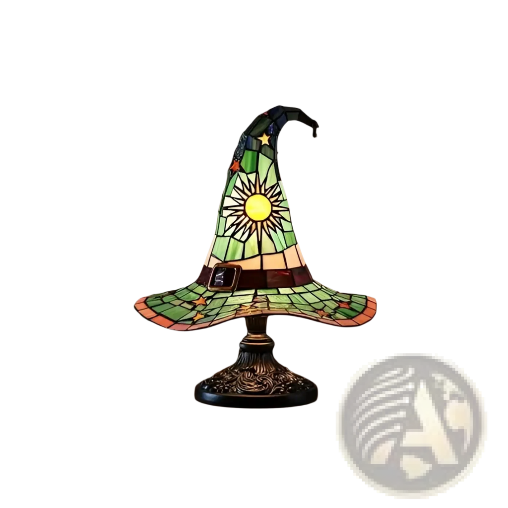 Witch hat stained glass lamp featuring green yellow and orange hues with a central starburst design for gothic halloween decor
