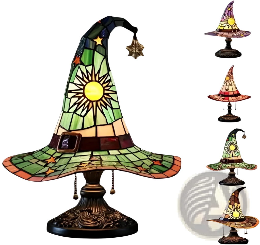 Witch hat stained glass lamp featuring green and gold colors with sun motif star accents and an ornate black base