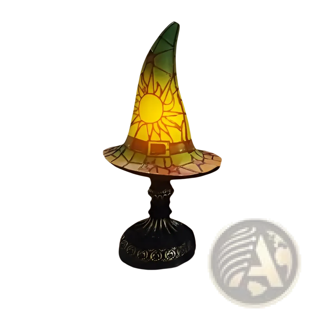 Witch hat stained glass lamp with green and yellow sun motif on black metal base gothic halloween decor