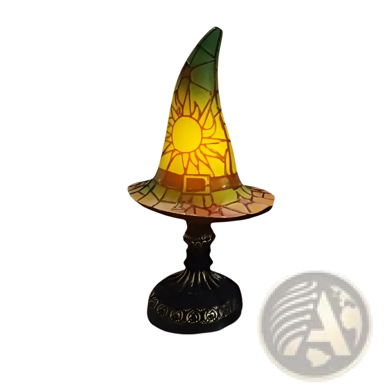 Witch hat stained glass lamp with green and yellow sun motif on black metal base gothic halloween decor