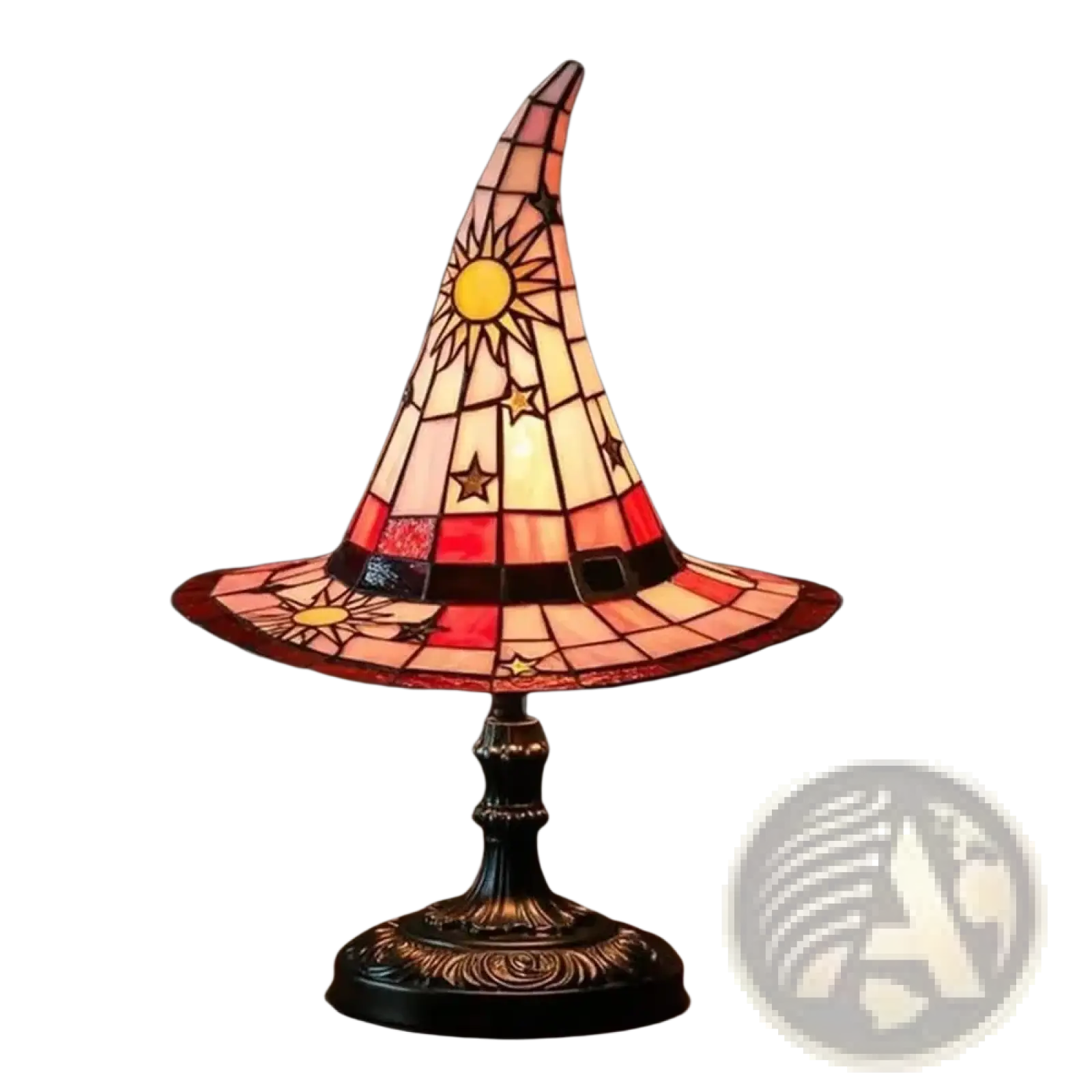 A vibrant witch hat stained glass lamp with sun and star design in warm amber red and pink mosaic panels for gothic Halloween decor