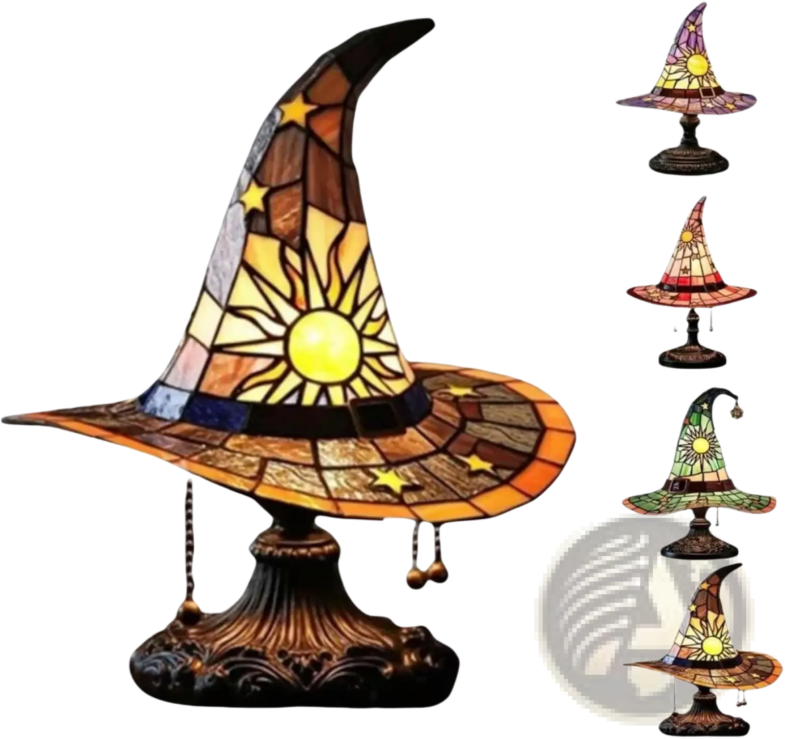 Witch hat stained glass lamp with sun and star design in warm amber gold brown and blue mosaic panels for gothic decor