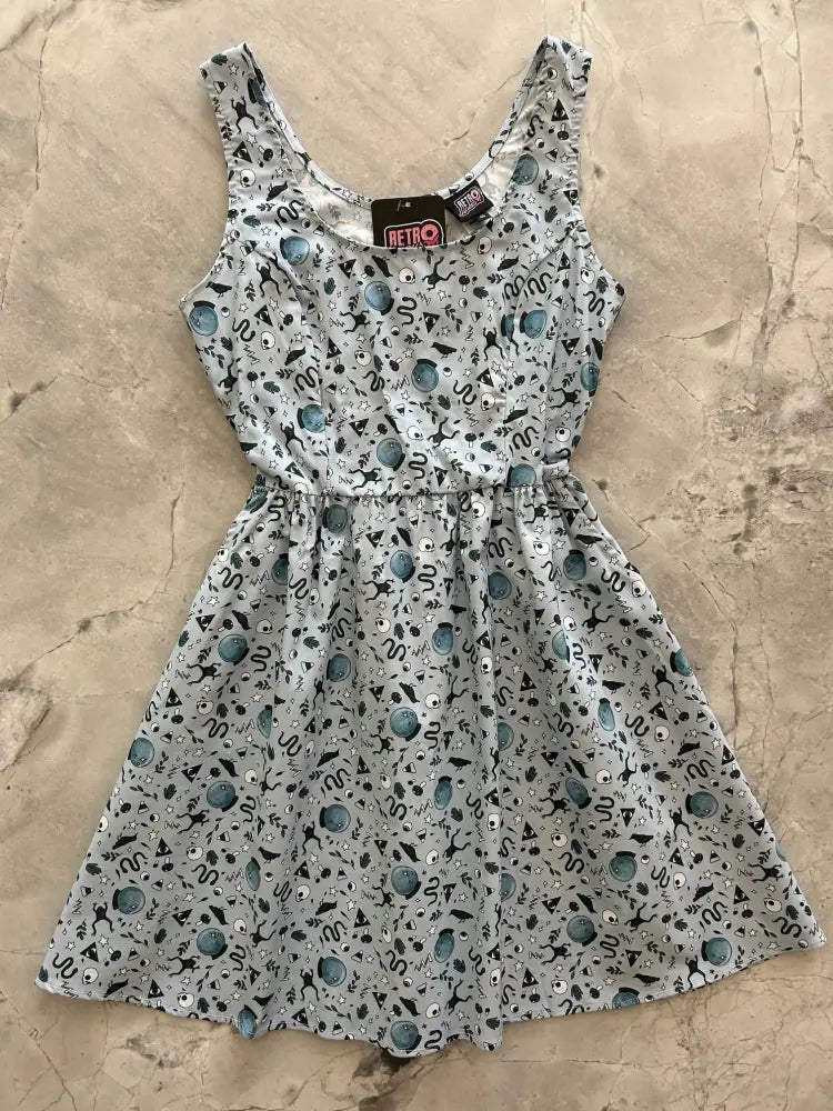 Witching hour gray retro fit and flare cotton dress with sleeveless design and playful black teal eye and snake pattern