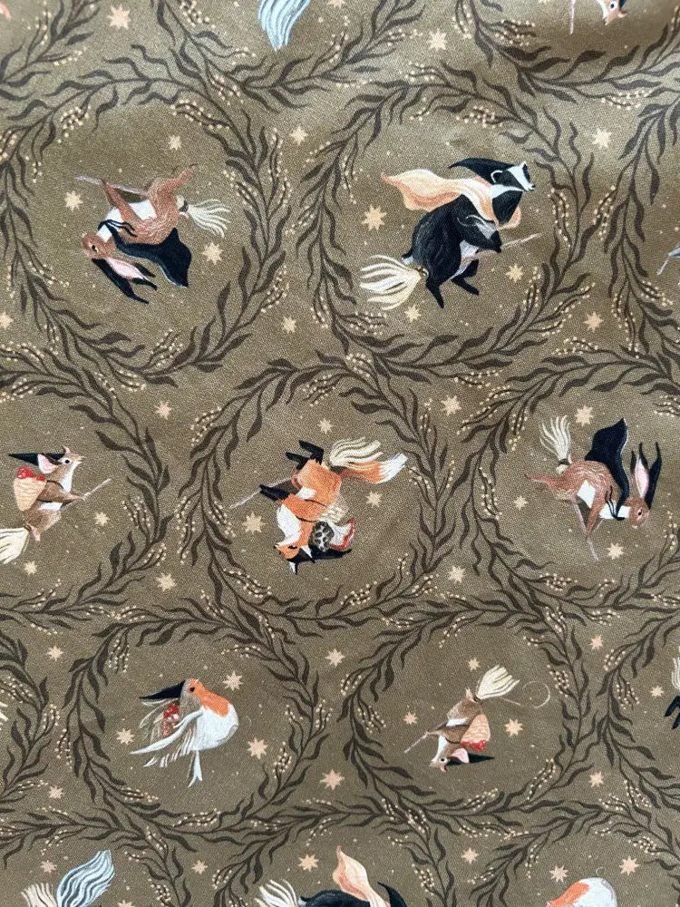 Brown cotton witchy animals vintage midi dress with pockets features whimsical animal illustrations on fabric