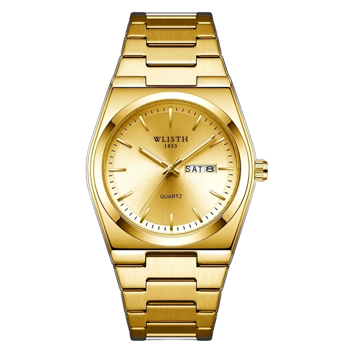 Gold-tone wlisth 1853 men’s quartz watch with green dial, brushed metal bracelet, and hexagonal stainless steel case