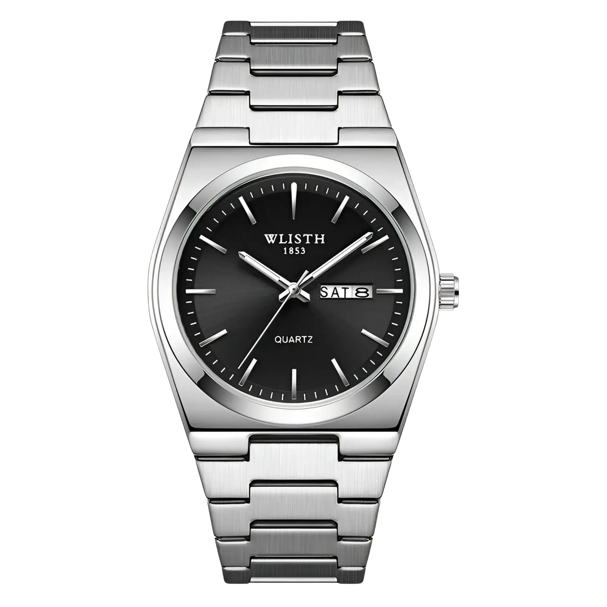 Silver-toned wlisth 1853 men’s quartz watch with black dial, silver markers, and stainless steel link bracelet