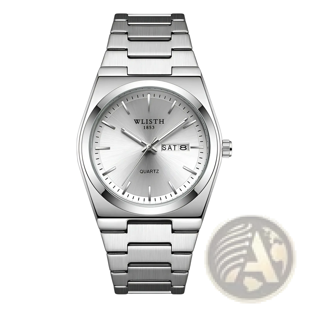 Silver-toned stainless steel wlisth watch with green dial and brushed finish on case and bracelet in modern design