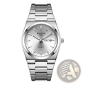 Silver-toned stainless steel wlisth watch with green dial and brushed finish on case and bracelet in modern design