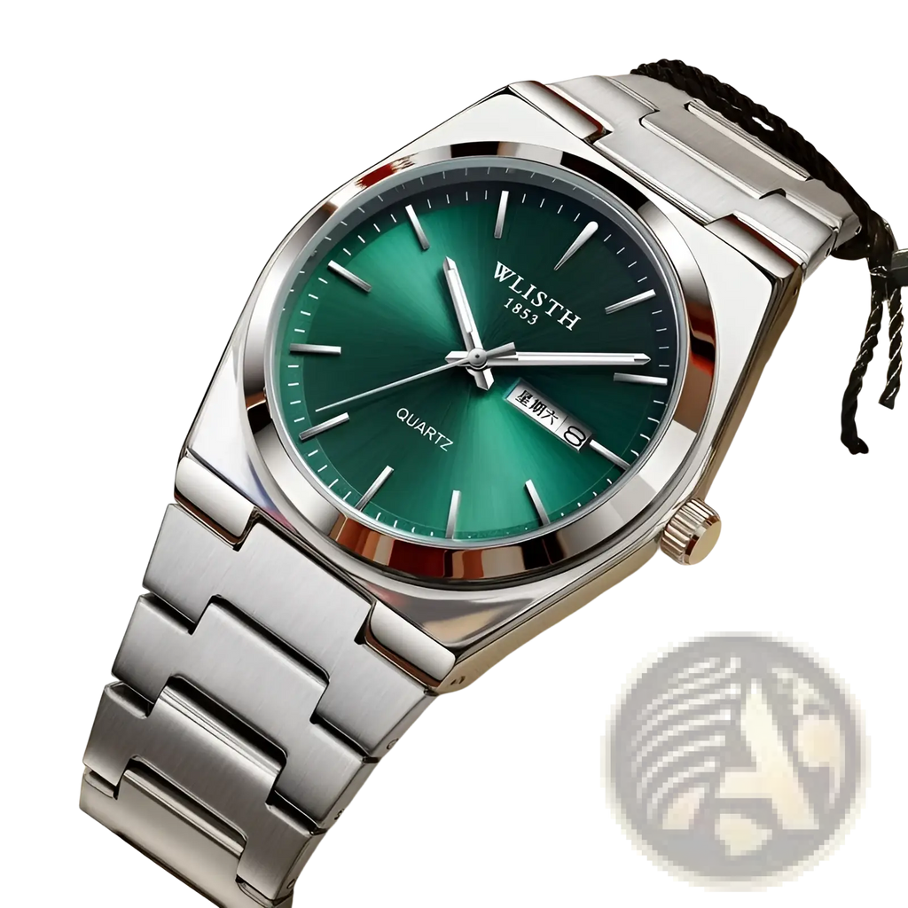 Wlisth green dial stainless steel quartz wristwatch with silver tone case minimalist indices and date window at six o’clock