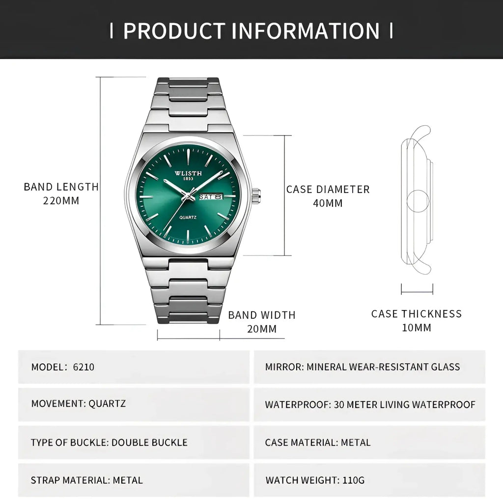 Silver-toned wlisth green dial stainless steel quartz wristwatch with white hour markers and hands