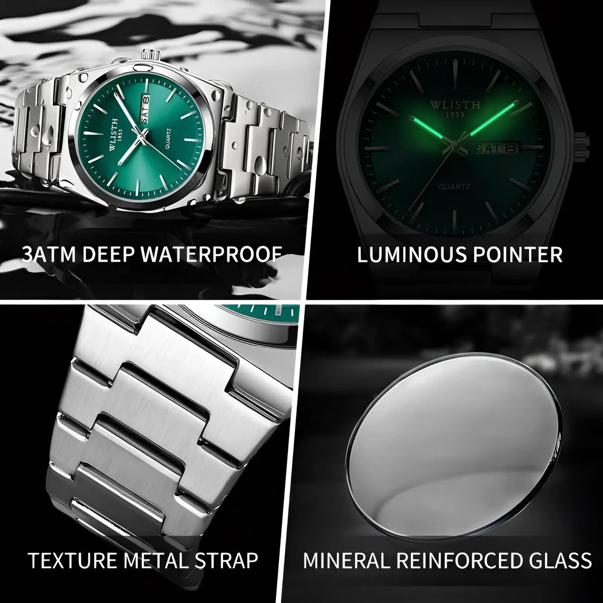 Wlisth green dial stainless steel quartz watch with silver tone case luminous hands textured metal strap