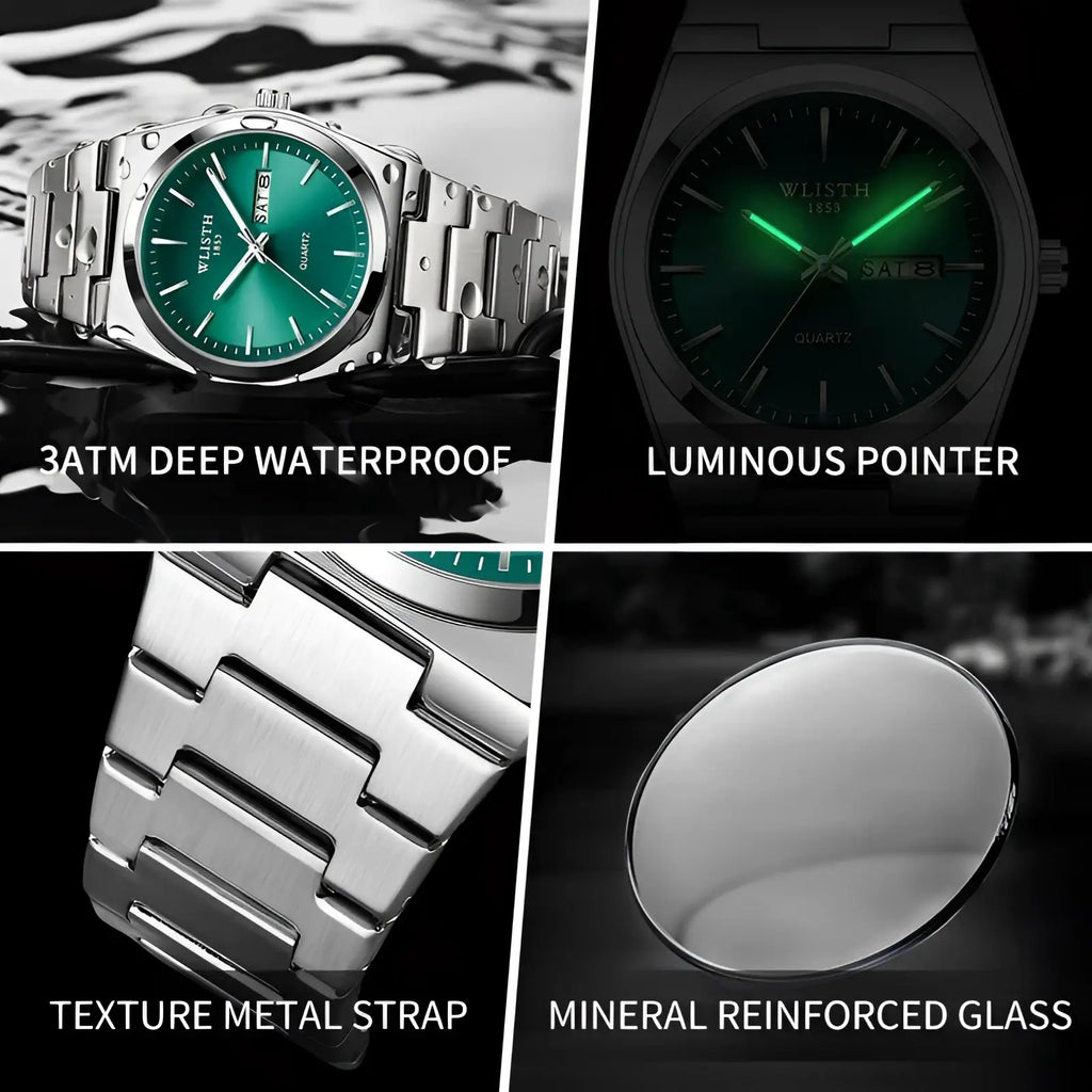 Wlisth green dial stainless steel quartz watch with silver tone case luminous hands textured metal strap