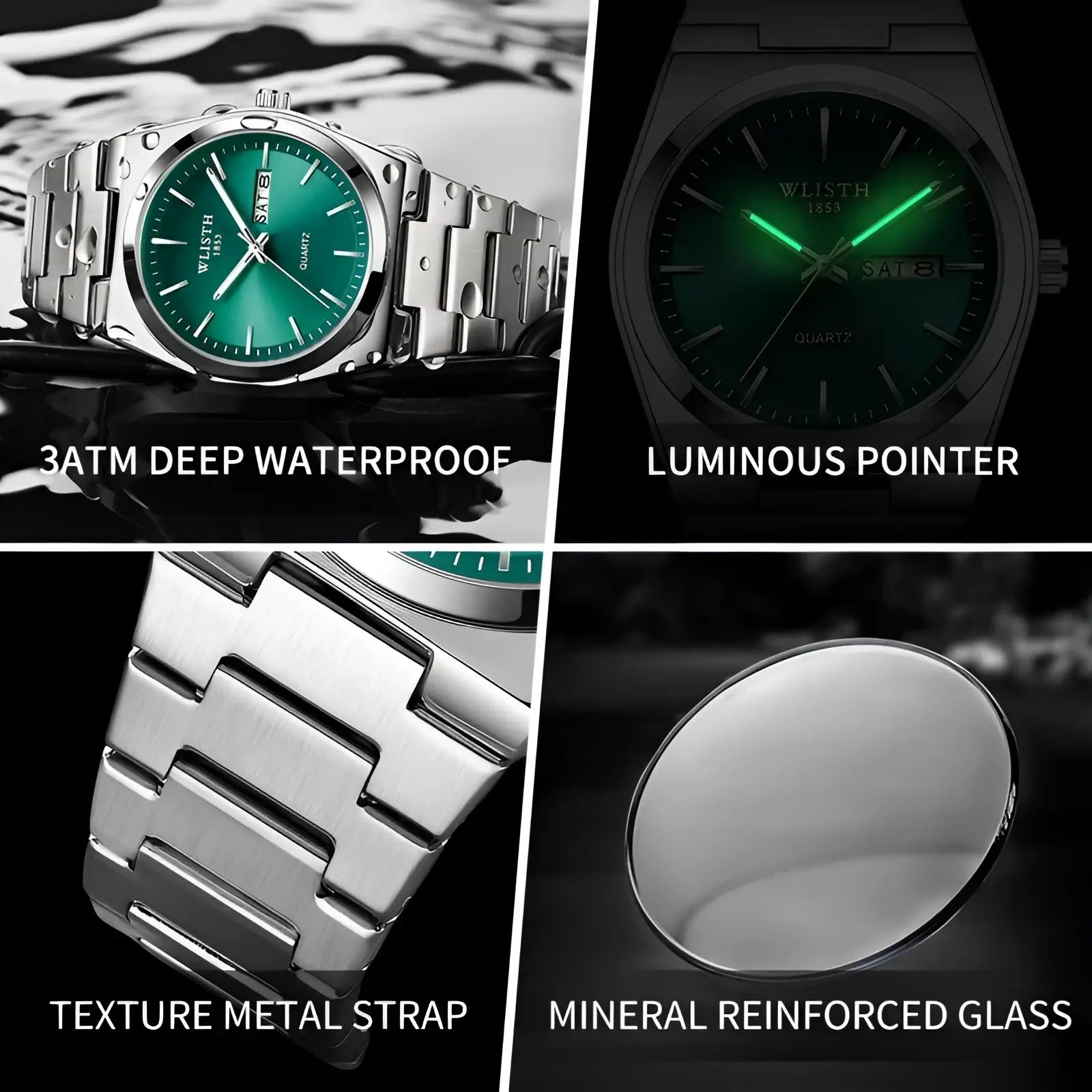 Wlisth green dial stainless steel quartz watch with silver tone case luminous hands textured metal strap