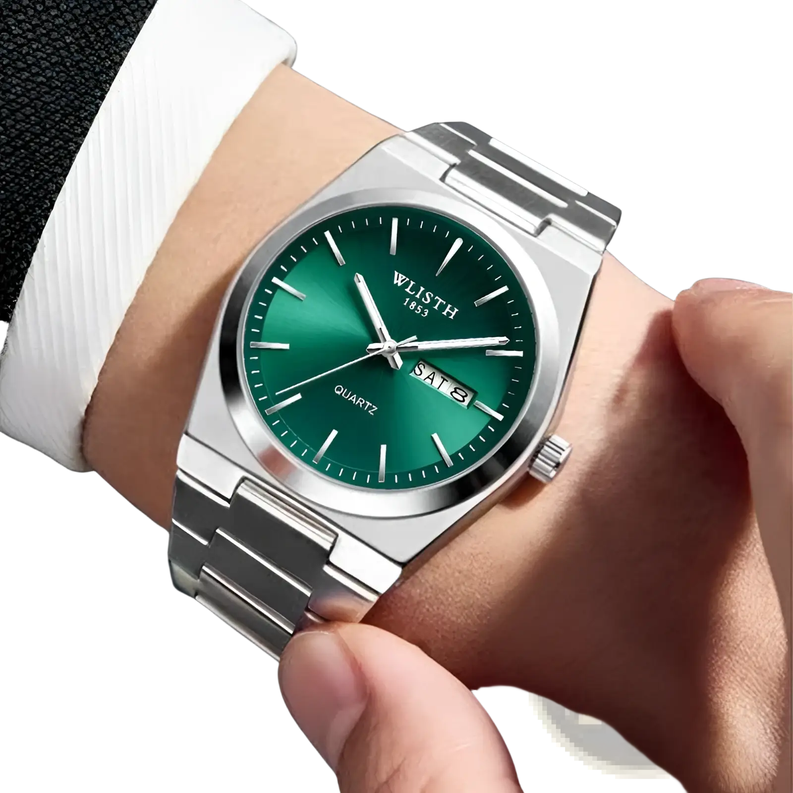 A sleek silver-toned wlisth 1853 quartz watch with vibrant green dial date display and stainless steel bracelet