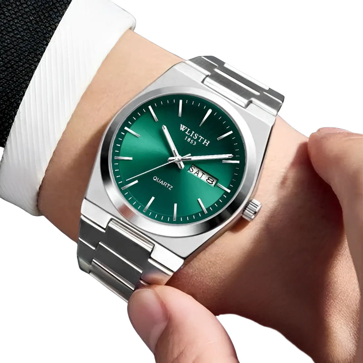 A sleek silver-toned wlisth 1853 quartz watch with vibrant green dial date display and stainless steel bracelet