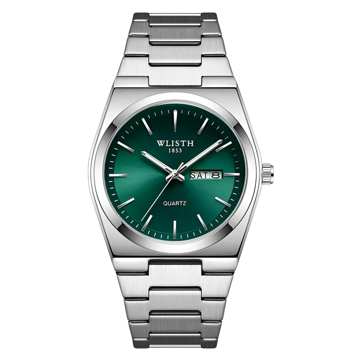 A sleek silver stainless steel wlisth 1853 wristwatch with vibrant green dial and minimalist hour markers