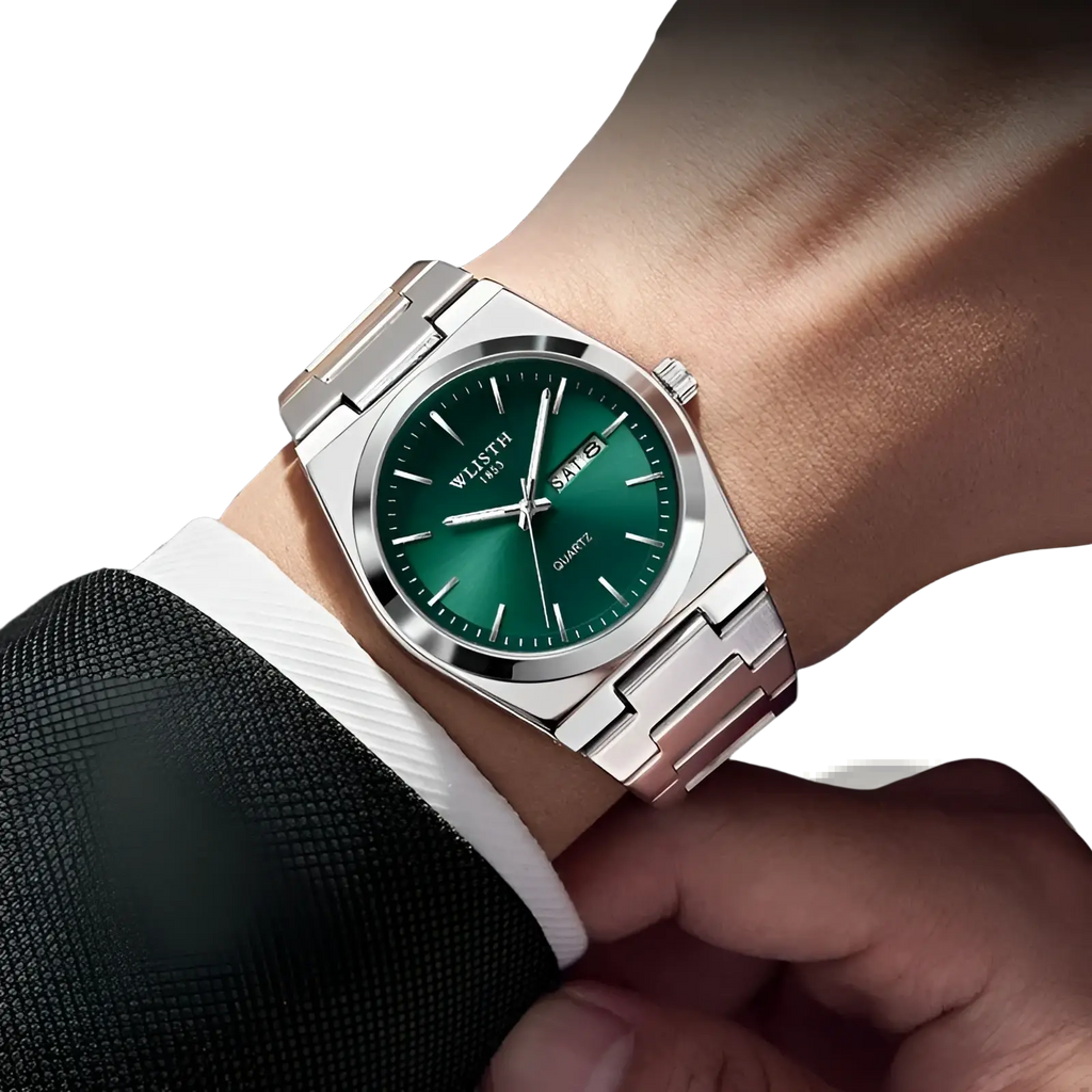 A sleek silver-toned wilsith 1893 stainless steel quartz watch with a vibrant green dial and stick markers on a wrist
