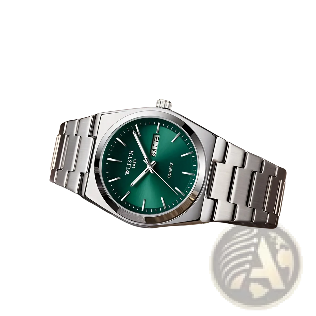 A sleek wlisth green dial stainless steel quartz wristwatch with a vibrant green dial and minimalist white markers