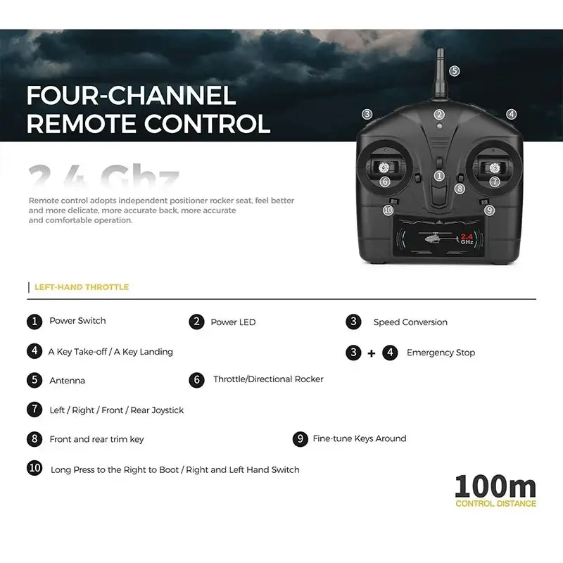Black four-channel remote control for Wltoys K170 Uh-60l helicopter with 2.4 GHz and flight time 800mah 20c battery features