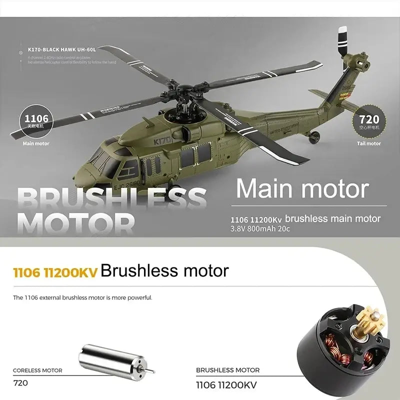 Olive green wltoys k170 uh-60l remote control helicopter with black rotor blades 800mah 20c battery flight time