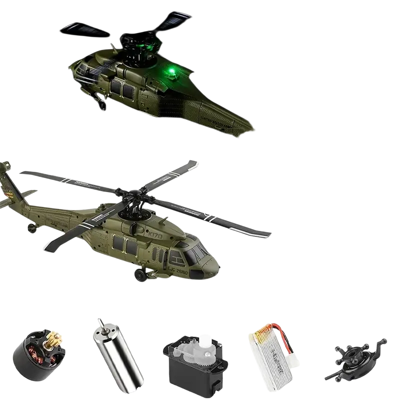 Olive green wltoys k170 uh-60l remote control helicopter with 4-blade propeller, illuminated lights, and 800mah 20c flight time