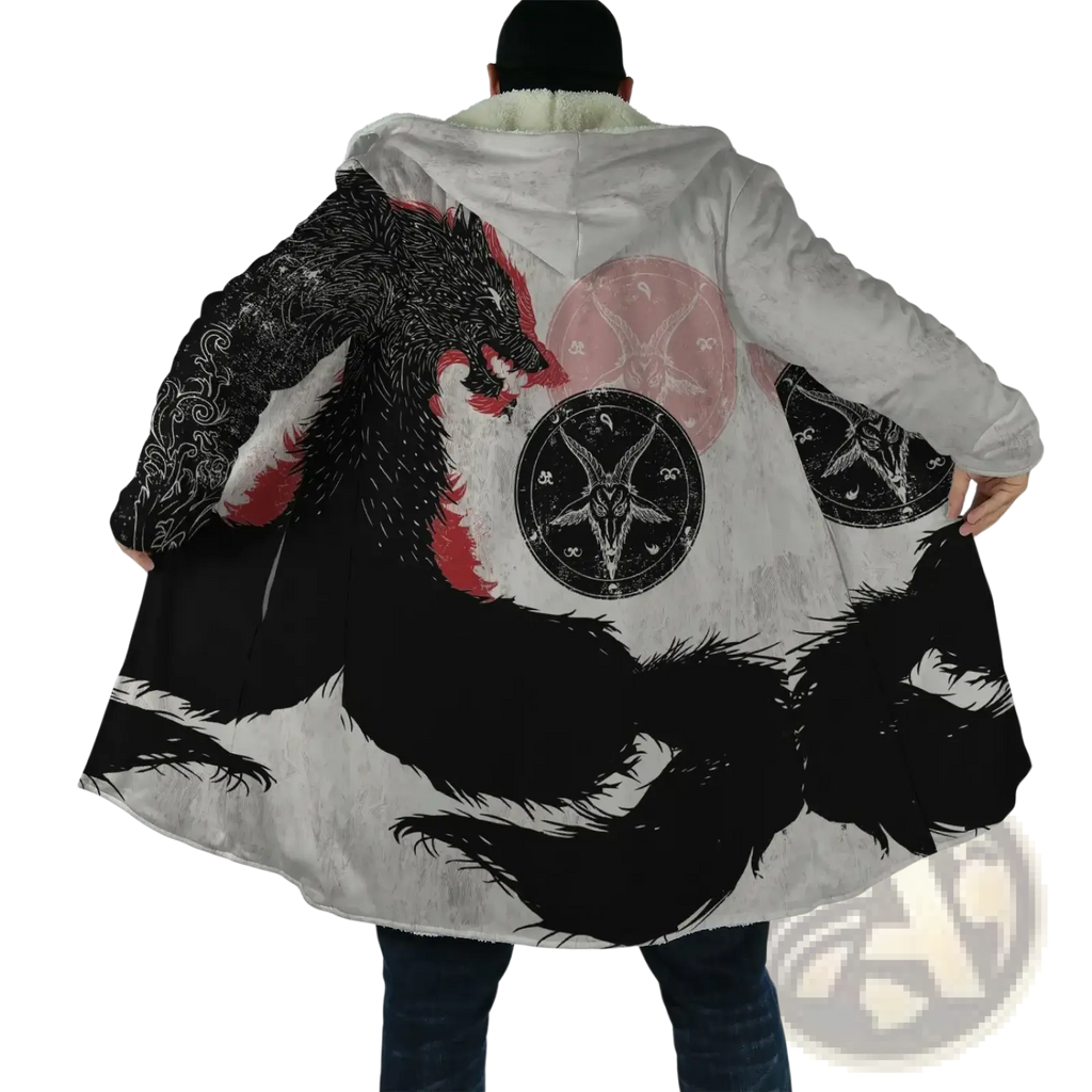 Gray plush fleece hooded winter coat with bold black and red wolf and occult symbols on the back side