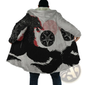 Gray plush fleece hooded winter coat with bold black and red wolf and occult symbols on the back side